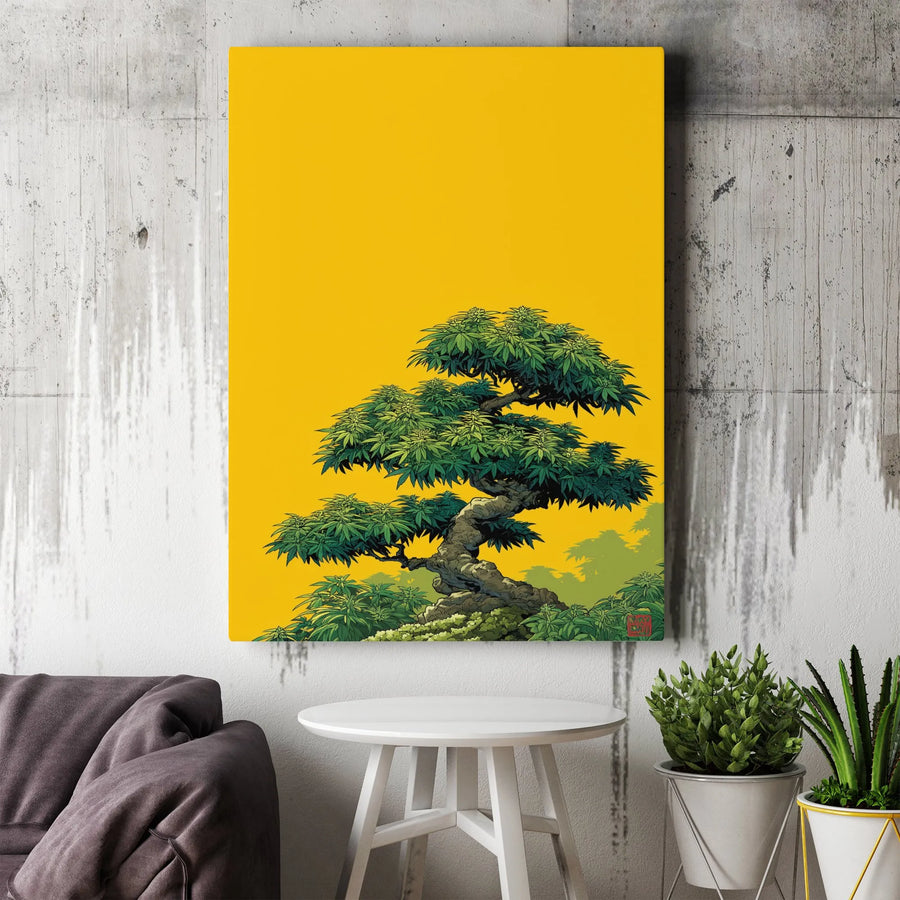 Cannabis Bonsai Canvas Wall Art | Japanese Style Botanical Print | Premium 1.25" Thick Gallery Canvas | Collector's Stoner Room Decor Gift