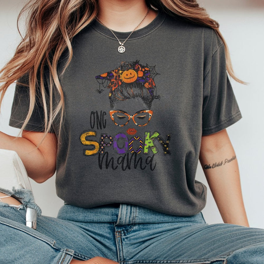 One Spooky Mama T-Shirt | Halloween Pumpkin Messy Bun Graphic | 100% Premium Cotton | Cute Autumn Gift For Mom