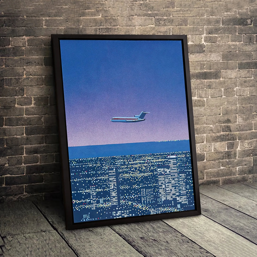 Airplane Over City Lights Canvas Wall Art | Nighttime Skyline Aerial View | Premium Gallery Wrap Print | Modern Decor For Travel Lovers