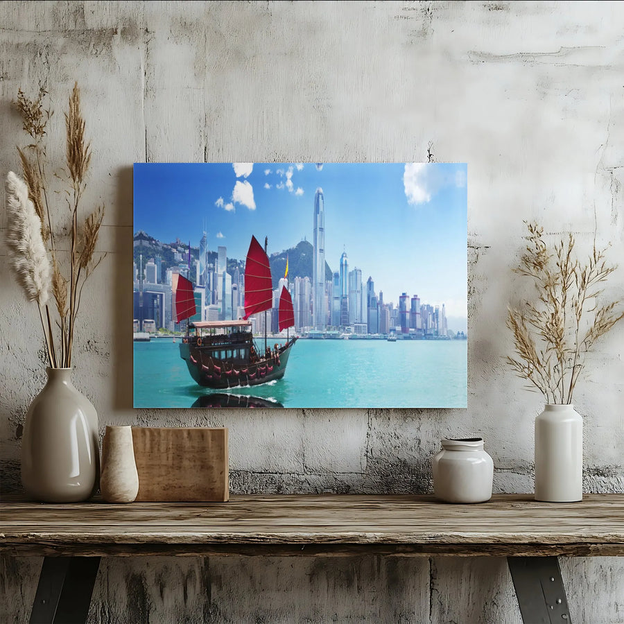 Hong Kong Skyline Canvas Print | Traditional Junk Boat Harbour Scene | 1.25 Inch Gallery Wrap | Premium Travel Decor Wall Art