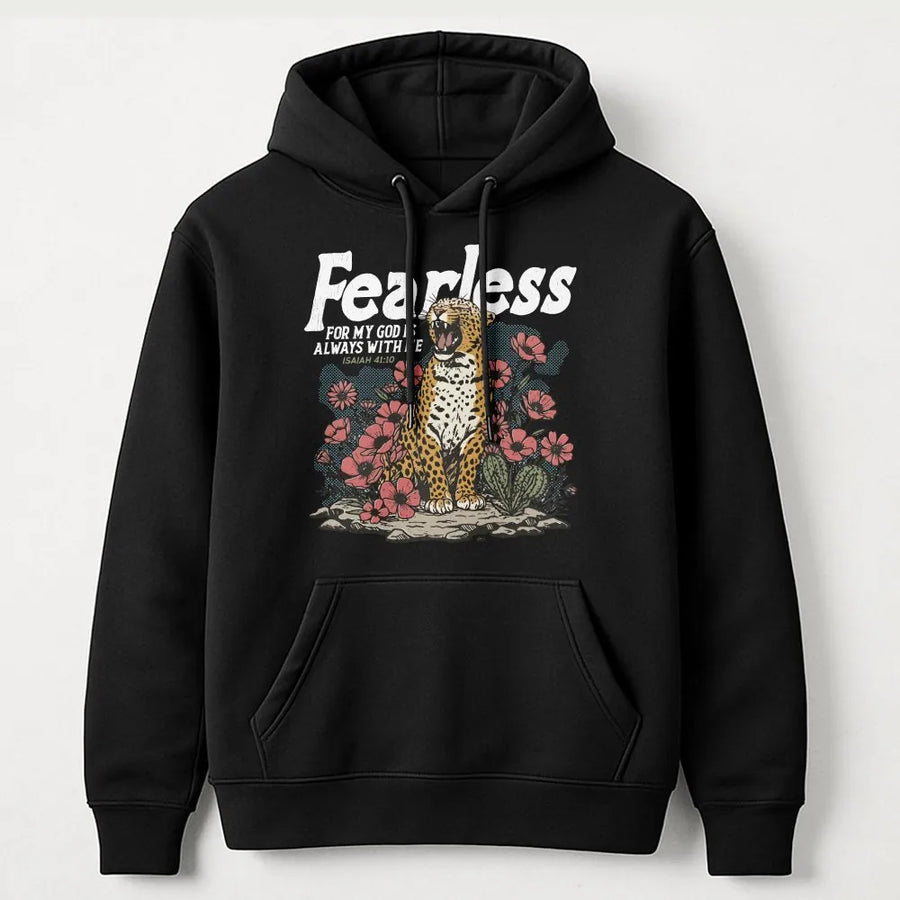 Fearless Christian Hoodie | Leopard & Floral Bible Verse Pullover | Soft Cotton Blend | Inspirational Faith Based Gift