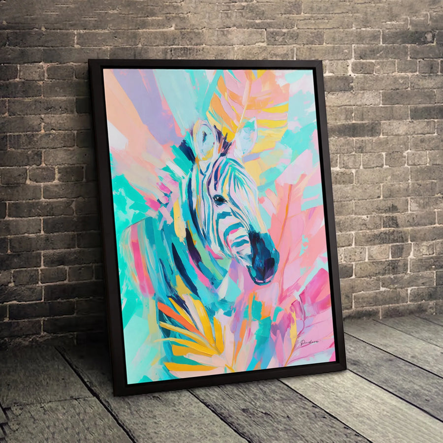 Abstract Zebra Canvas Art | Vibrant Tropical Leaf Print | Premium Gallery-Wrapped 1.25" Profile | Modern Animal Wall Decor for Living Room