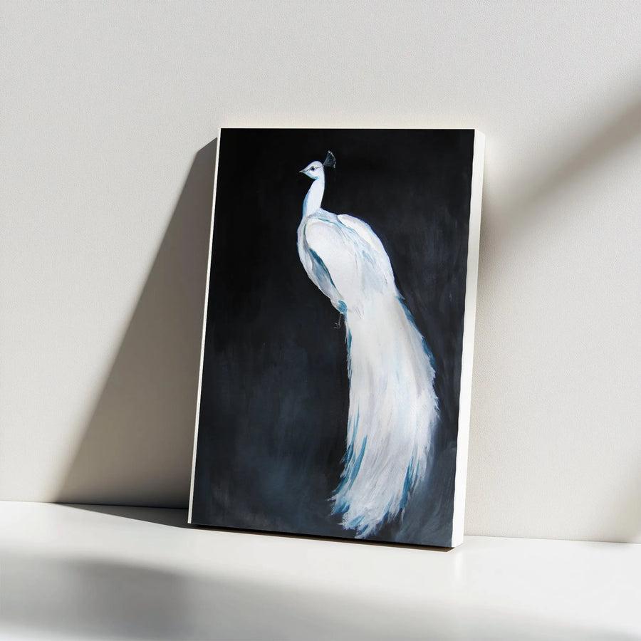 White Peacock Vertical Canvas Print | Elegant Painterly Bird Artwork on Black Background | Premium Gallery Wrapped Canvas | Collector's Gift for Bird Lover