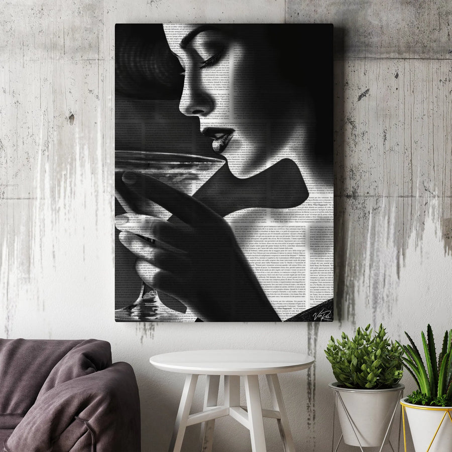 Abstract Woman Canvas Wall Art | Typography Portrait with Martini Glass | Premium Fade-Resistant Print | Modern Home Decor Gift