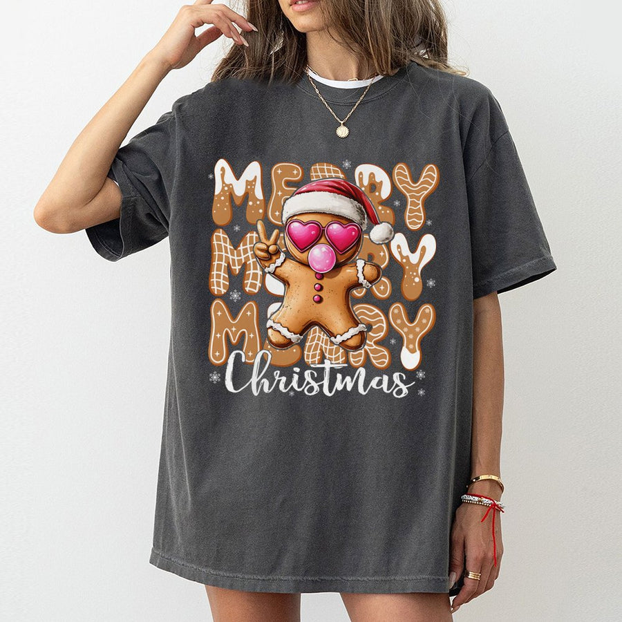 Gingerbread Man Christmas T-Shirt | Retro Bubblegum Heart Glasses Graphic | 100% Cotton Premium Tee | Cute Holiday Gift for Women & Men