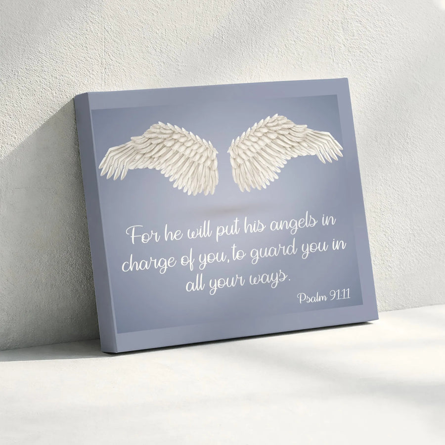 Psalm 91:11 Canvas Wall Art | 3D Guardian Angel Wings | Thick Gallery Wrap Canvas | Inspirational Christian Home Decor Gift