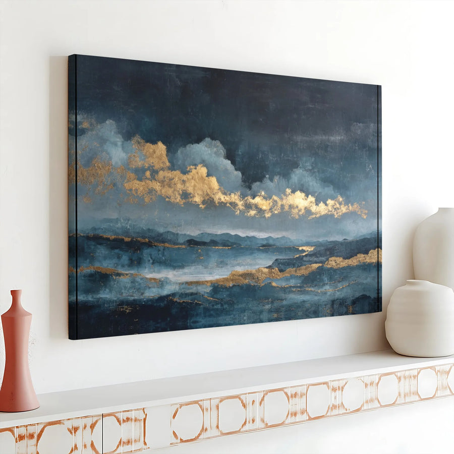 Abstract Landscape Canvas Wall Art | Teal and Gold Mountain Painting | Premium Fade-Resistant Print | Modern Living Room & Office Decor Gift