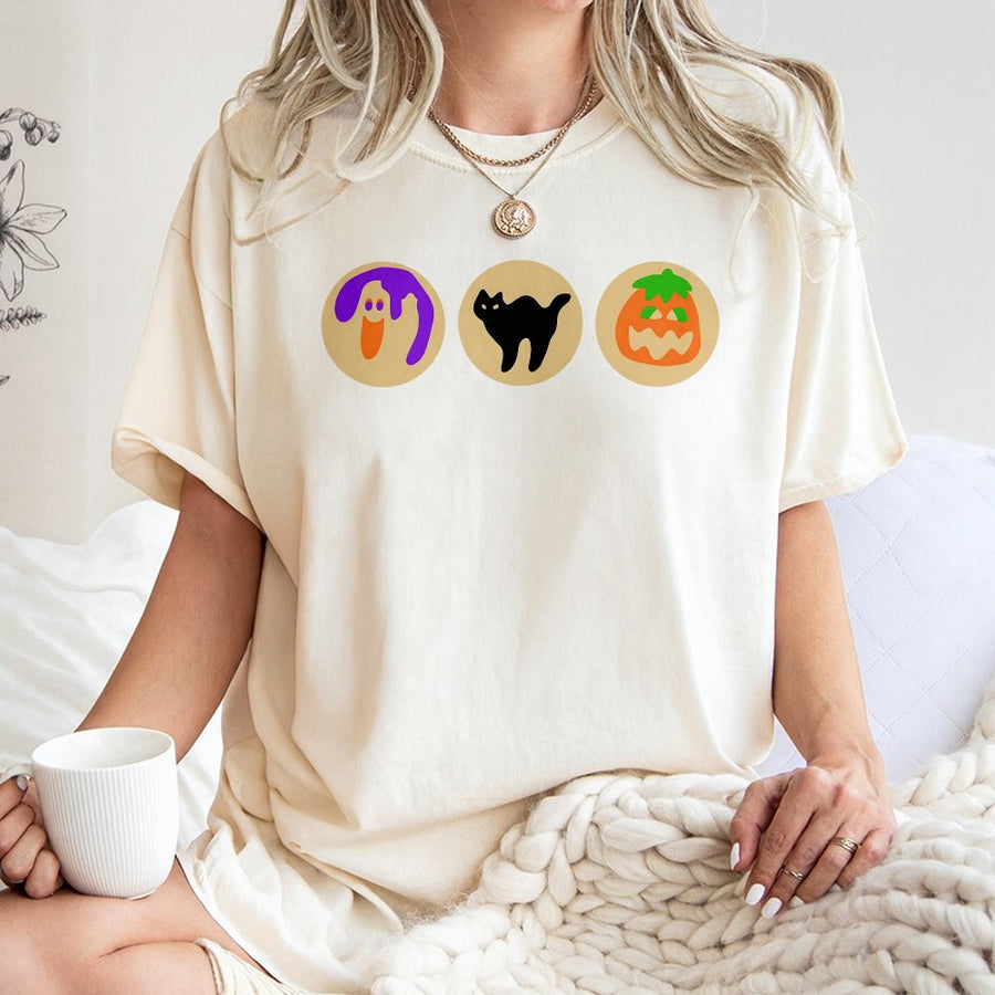 Halloween Cookie Ghost T-Shirt | Cute Spooky Pumpkin & Black Cat Graphic | Premium 100% Cotton Tee | Unisex Gift for Halloween Party Lovers