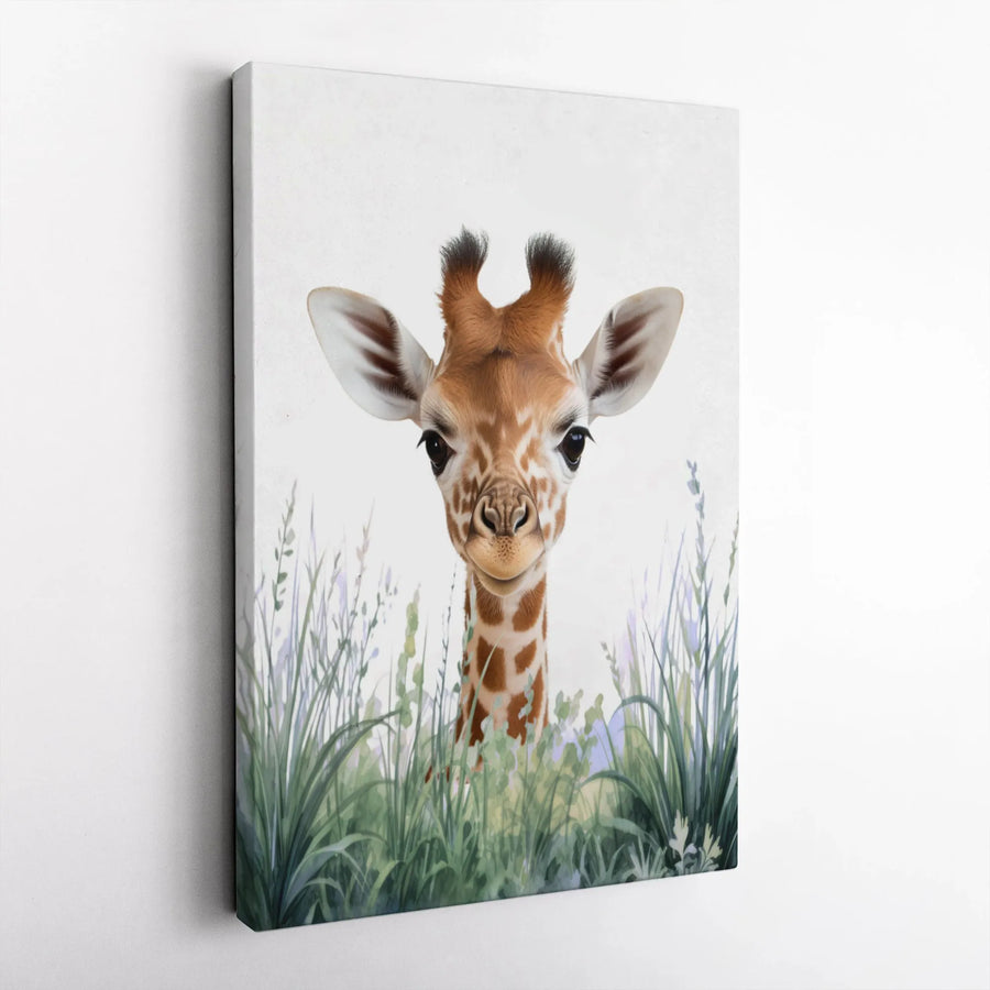 Baby Giraffe Canvas Wall Art | Adorable Safari Nursery Decor | Premium Gallery Wrap Print | Cute Animal Wildlife Painting for Kids Room