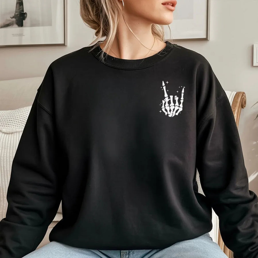 Skeleton Hand Rock On Sweatshirt | Spooky Minimalist Graphic Tee | Premium Soft Cotton | Unisex Halloween Gift for Music Fans