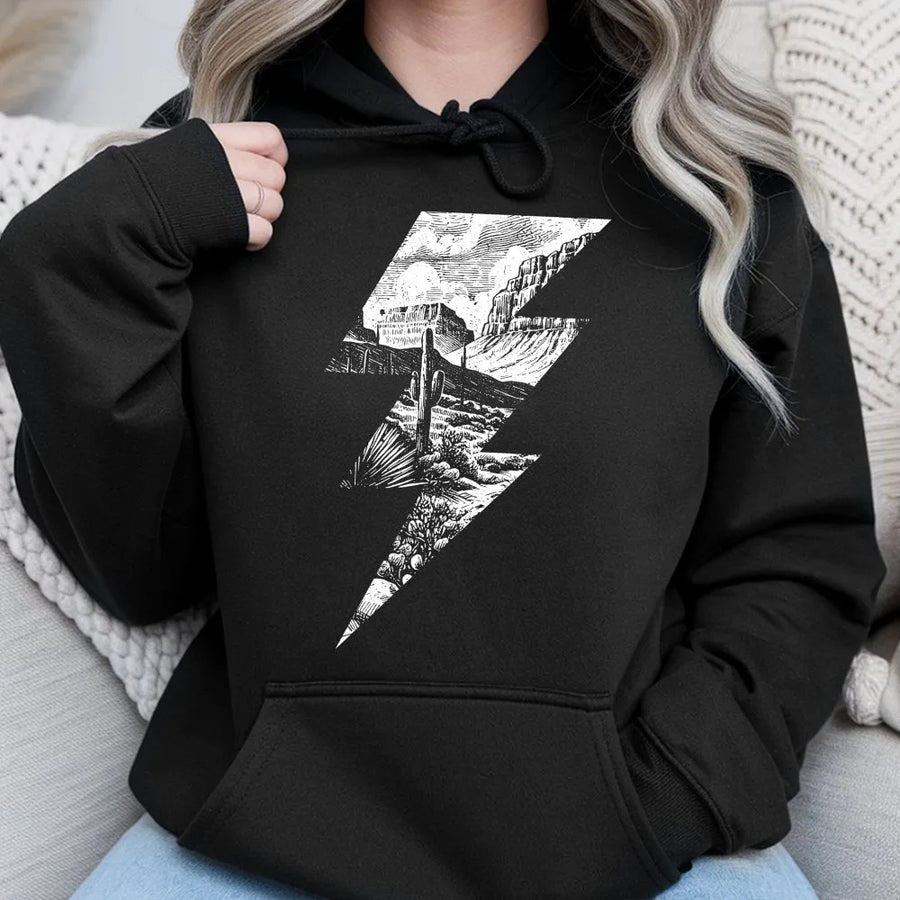 Western Desert Lightning Bolt Hoodie | Boho Cactus Graphic Print | Premium Cotton-Blend Sweatshirt | Rodeo Country Style Gift For Her