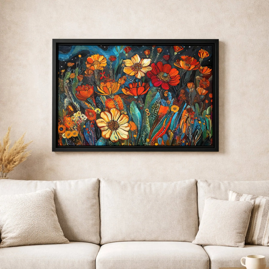 Wildflower Field Canvas Wall Art | Abstract Floral Night Sky Print | Premium Gallery-Wrapped Gallery Quality | Modern Home Decor Gift