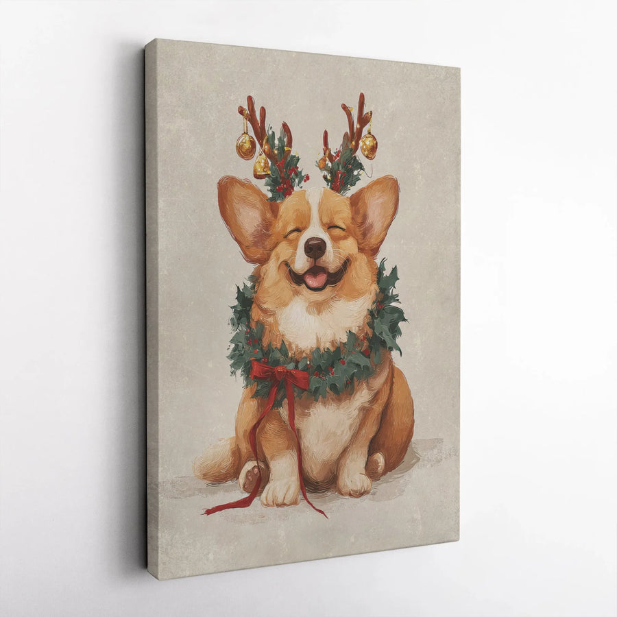 Christmas Corgi Canvas Wall Art | Smiling Puppy With Reindeer Antlers & Wreath | Gallery-Quality Premium Print | Festive Holiday Decor Gift