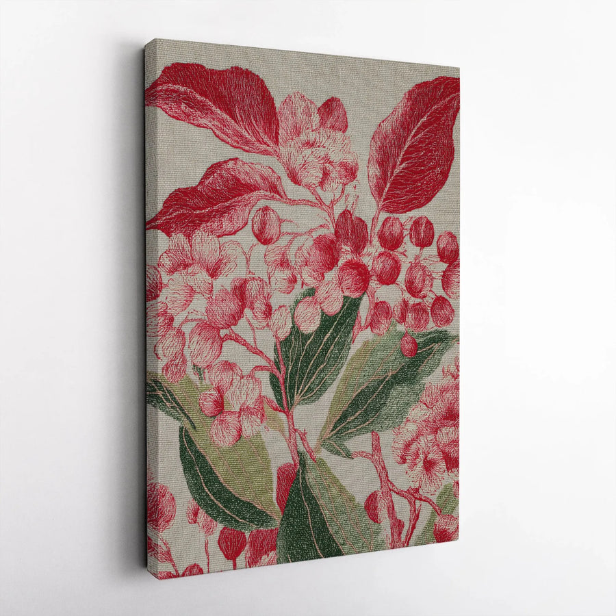 Vintage Floral Canvas Art | Red Flower & Berry Illustration | Premium Gallery Wrap | Modern Farmhouse Decor Gift