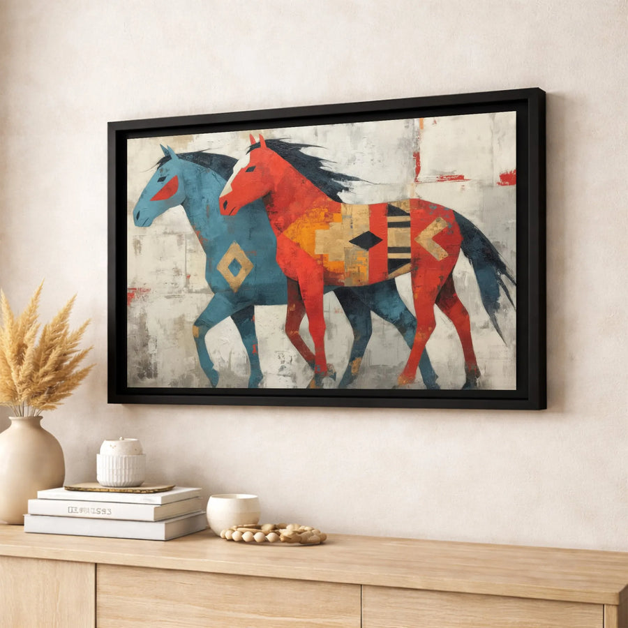Abstract Horse Canvas Wall Art | Red and Blue Southwestern Geometric Design | Gallery-Quality Premium Print | Modern Home & Office Decor Gift