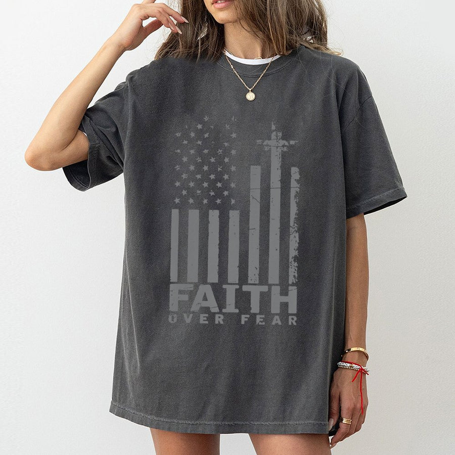 Faith Over Fear T-Shirt | Patriotic American Flag Cross Graphic | Premium 100% Cotton | Christian Gift For Men And Women
