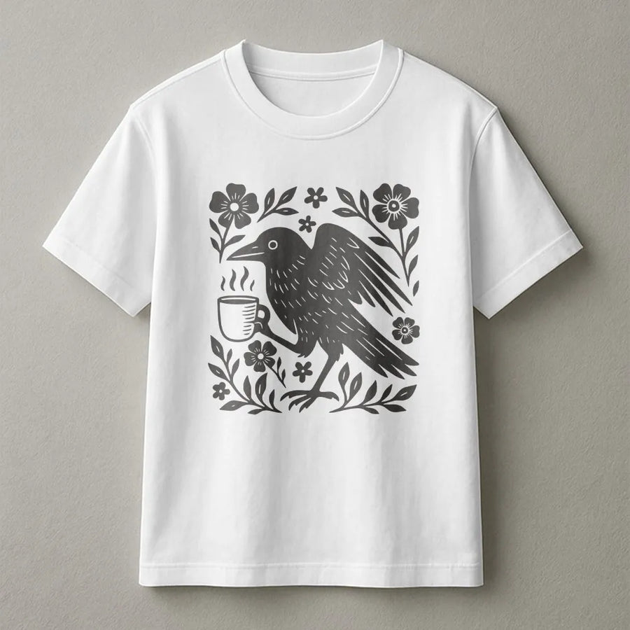 Gothic Crow Coffee Lover T-Shirt | Vintage Floral Bird Graphic Sweatshirt | Premium Cotton Blend | Dark Academia Unisex Gift