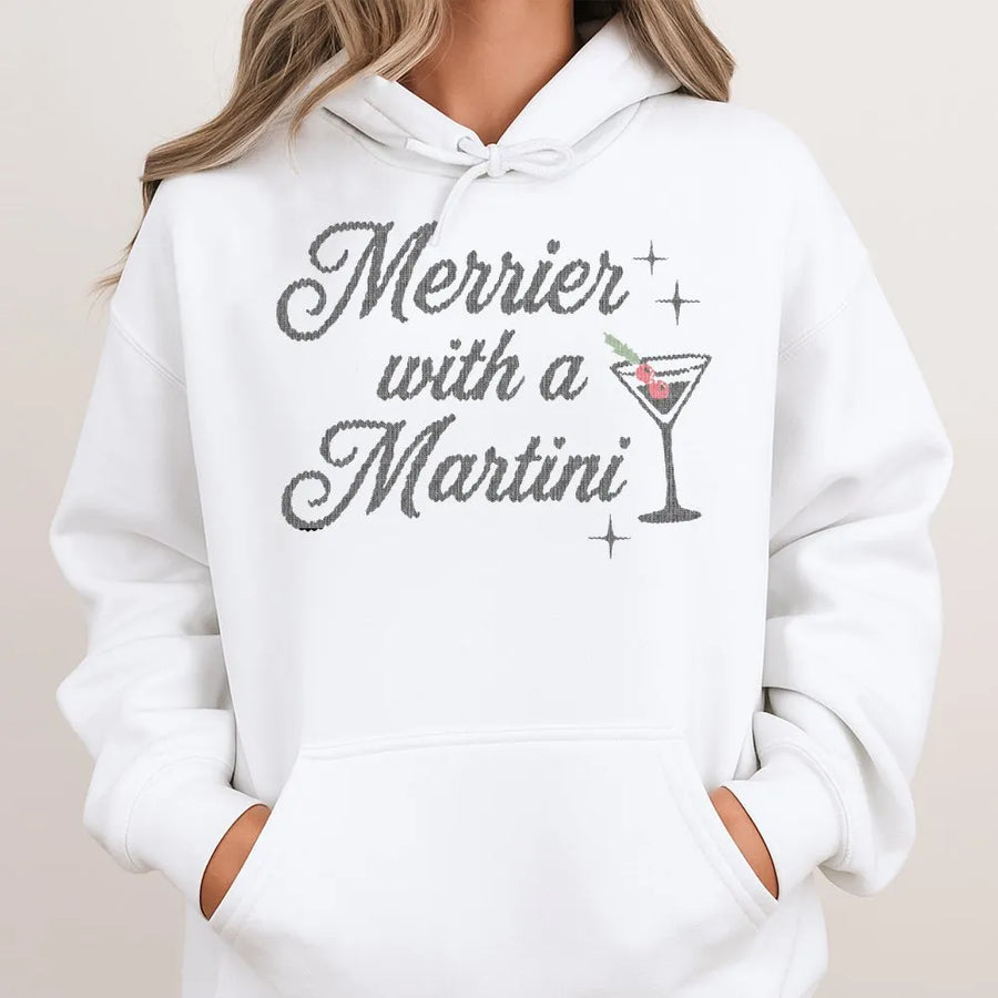 Merrier With A Martini Hoodie | Festive Holiday Cocktail Graphic | Premium Cotton Blend | Funny Christmas Party Gift for Women