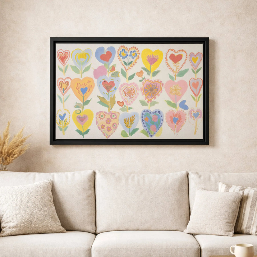 Colorful Folk Art Heart Flowers Canvas | Whimsical Botanical Wall Art | Premium Gallery-Wrapped Print | Aesthetic Home Decor Gift