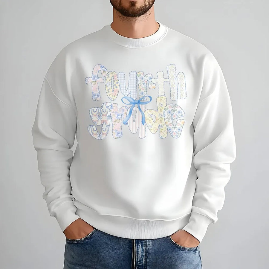 Fourth Grade Teacher Sweatshirt | Coquette Bow Floral Graphic | Premium Cotton-Blend | Back to School Elementary Teacher Gift