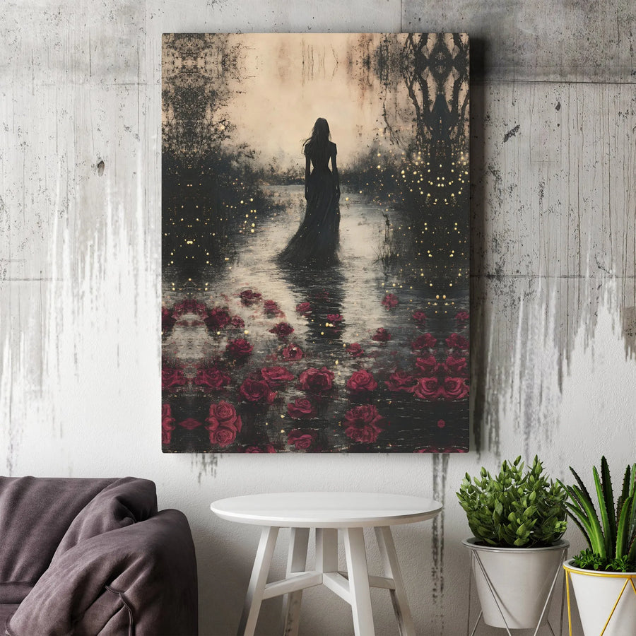 Gothic Woman Canvas Wall Art | Dark Romantic Red Roses & Fireflies | 1.25-Inch Gallery Wrap | Premium Moody Home Decor Gift