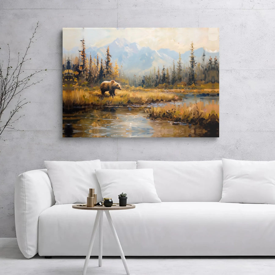 Grizzly Bear Wall Art | Autumn Mountain River Landscape Canvas | Premium Gallery Wrap Decor | Wildlife Nature Gift for Cabin and Home