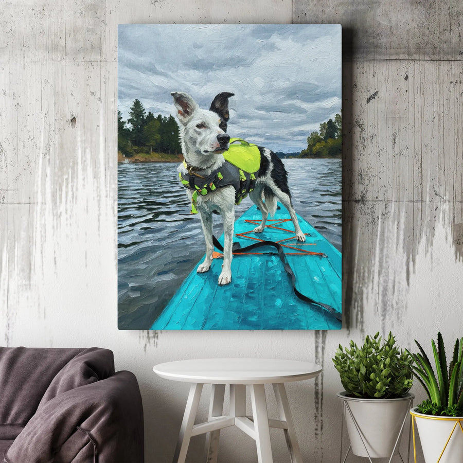 Dog On Paddleboard Canvas Art | Oil Painting Style Pet Portrait | 1.25-Inch Gallery Wrap | Adventure Dog Decor Gift For Pet Lovers