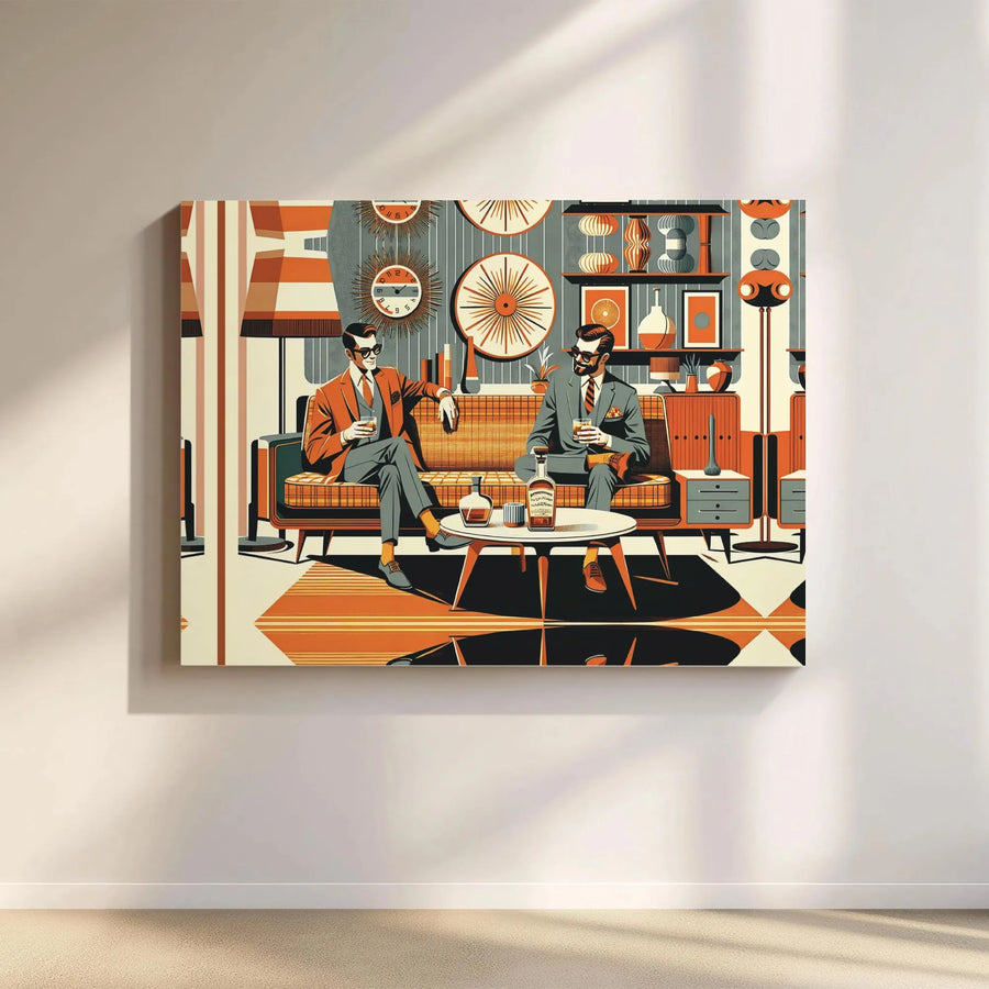 Mid-Century Modern Wall Art | Two Men Drinking Whiskey Retro Design | Premium Gallery Wrapped Canvas | Sophisticated Office Decor Gift