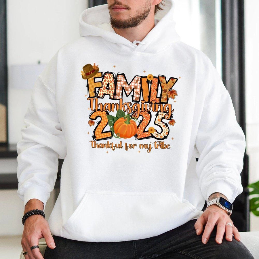 Family Thanksgiving 2025 Hoodie | Thankful For My Tribe Pumpkin Design | Premium Cotton-Blend Apparel | Matching Fall Holiday Gift For Family