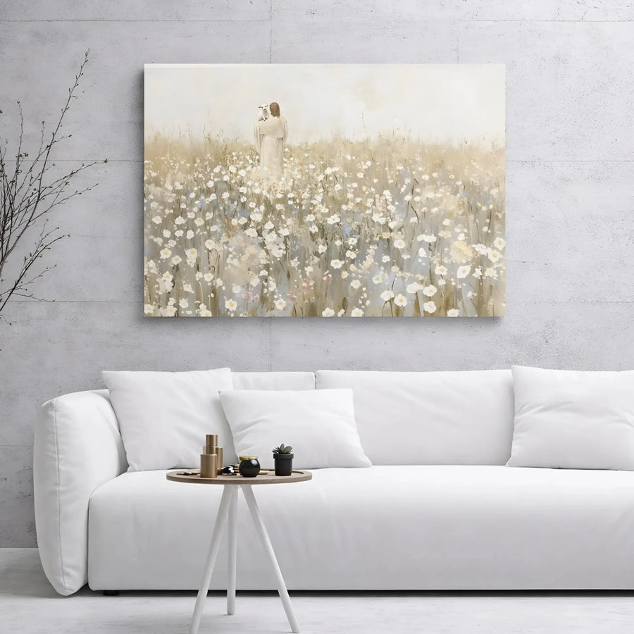 Jesus Good Shepherd Canvas | Floral Field Religious Wall Art | Premium Gallery Wrapped Print | Faithful Christian Home Decor Gift