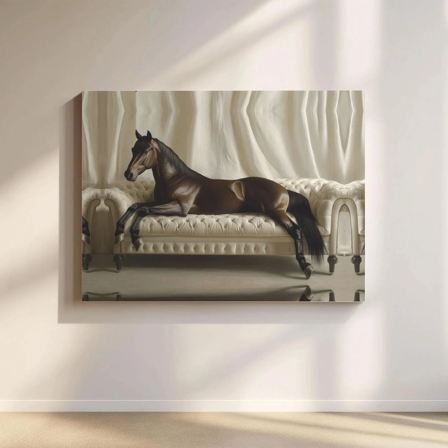 Horse On Sofa Canvas Print | Surreal Equestrian Wall Art | Premium 1.25 Inch Gallery Wrap | Unique Farmhouse Home Decor Gift