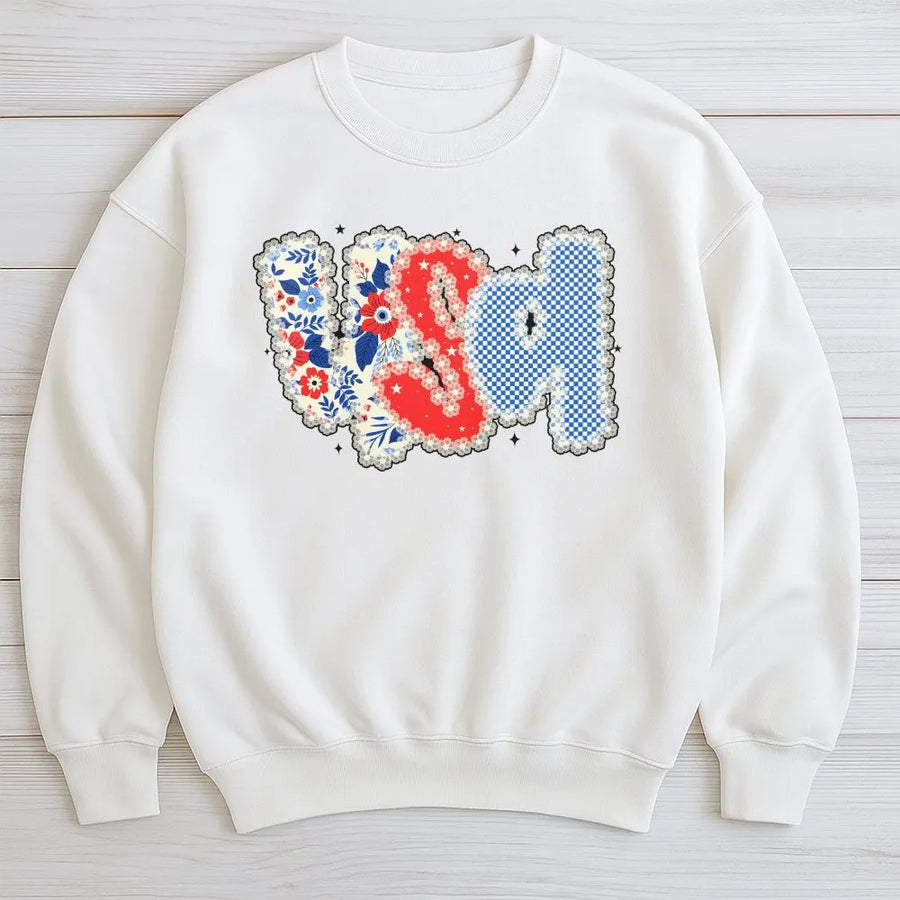 USA Sweatshirt | Floral Patchwork Style Graphic Sweatshirt | Premium Cotton Blend | Patriotic 4th of July Gift for Women
