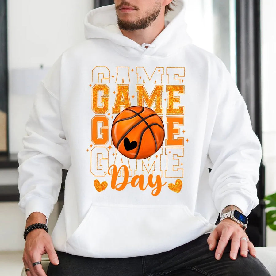 Basketball Game Day Hoodie | Glitter Basketball Graphic Print | Soft Cotton-Polyester Blend | Trendy Sports Mom Gift For Basketball Fans