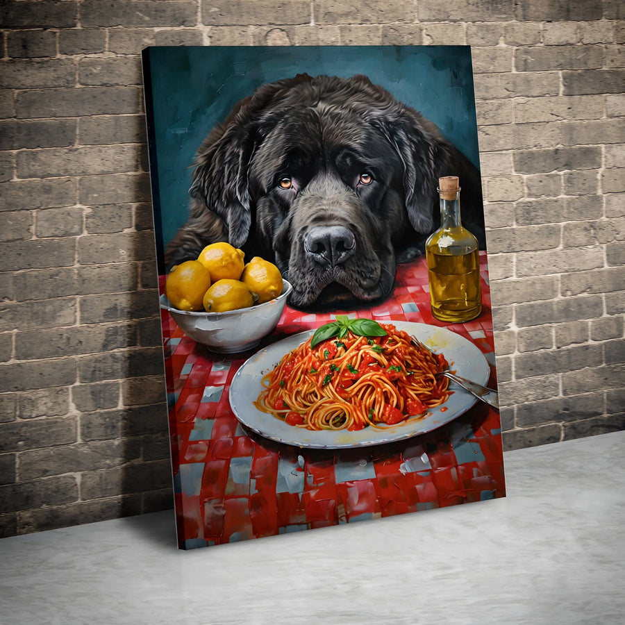 Newfoundland Dog Wall Art | Spaghetti And Lemon Oil Painting Style | Premium Gallery-Wrapped Canvas | Kitchen Decor Gift For Dog Lovers