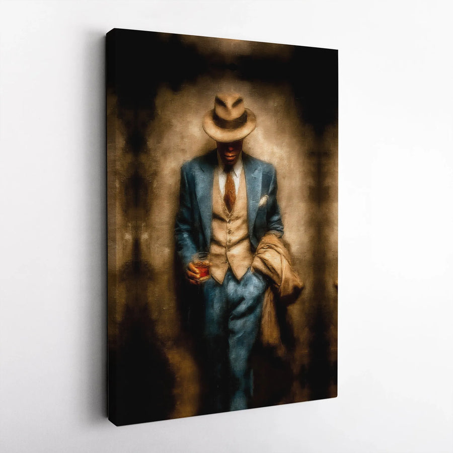 Gangster Wall Art Canvas Print | Man in Fedora with Whiskey Glass | Premium Fade-Resistant Print | Collector's Gift for Man Cave or Bar