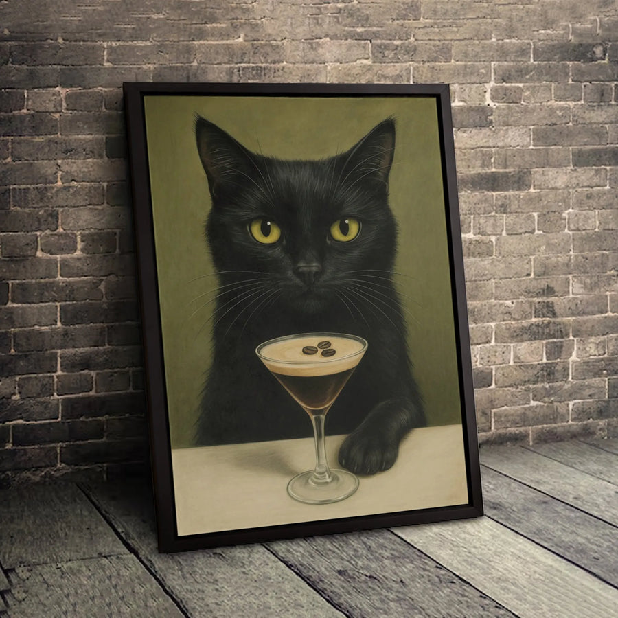 Black Cat Espresso Martini Canvas Print | Whimsical Kitchen Wall Art | Premium 1.25 Inch Gallery Wrap | Unique Gift for Coffee and Cat Lovers