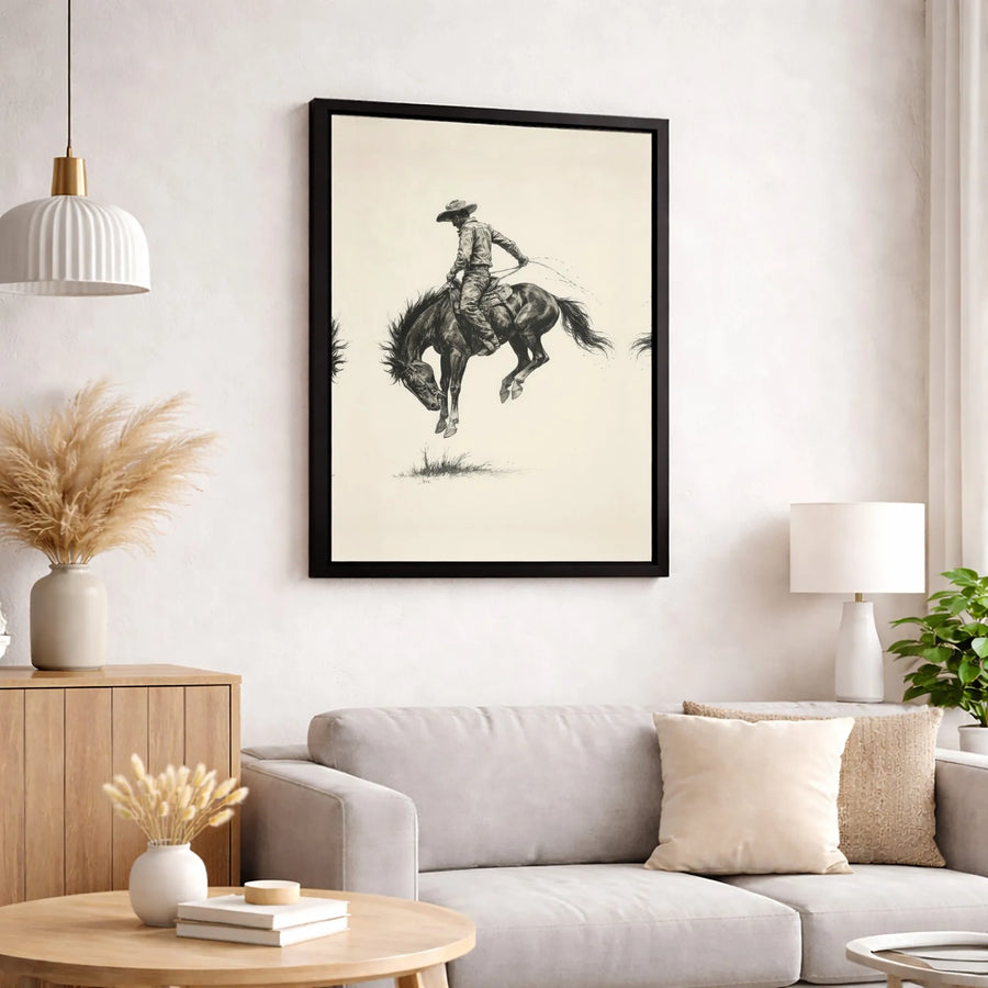Cowboy Riding Bucking Bronco Canvas Art | Western Rodeo Sketch Print | 1.25-Inch Gallery Wrap | Premium Wall Decor Gift for Men
