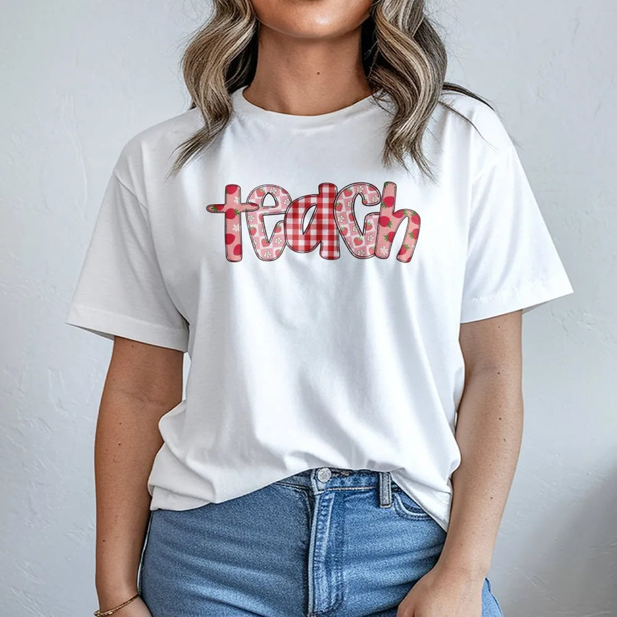 Teacher T-Shirt | Strawberry Gingham Graphic Tee | Soft Cotton Top | Back to School Gift for Educators