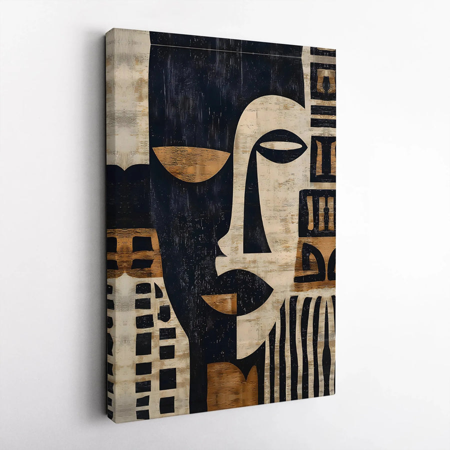 Abstract Cubist Face Canvas Art | Geometric Tribal Patterns in Black and Gold | Premium Gallery Wrap Print | Modern Home Decor Gift