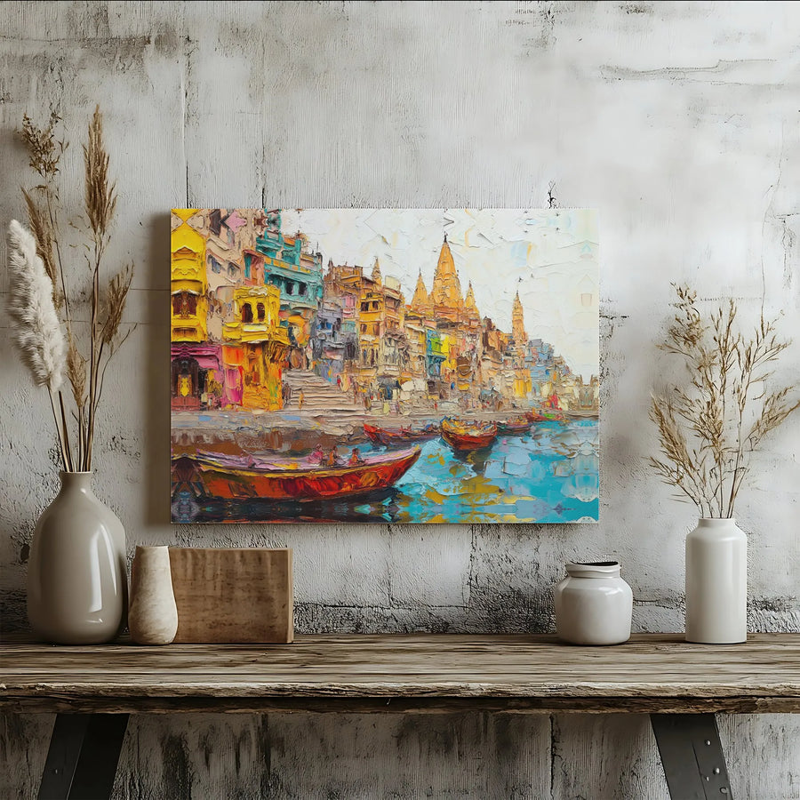 Varanasi Ghats Canvas Art | Colorful Impasto River Landscape | Premium Gallery Wrap Print | Home Office Decor Gift