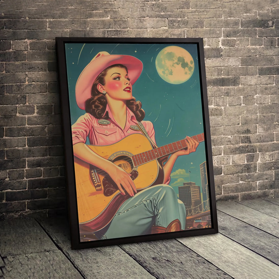 Cowgirl Guitarist Wall Art | Retro Pink Hat Country Music Portrait | Premium Gallery-Wrapped Canvas | Western Boho Home Decor Gift