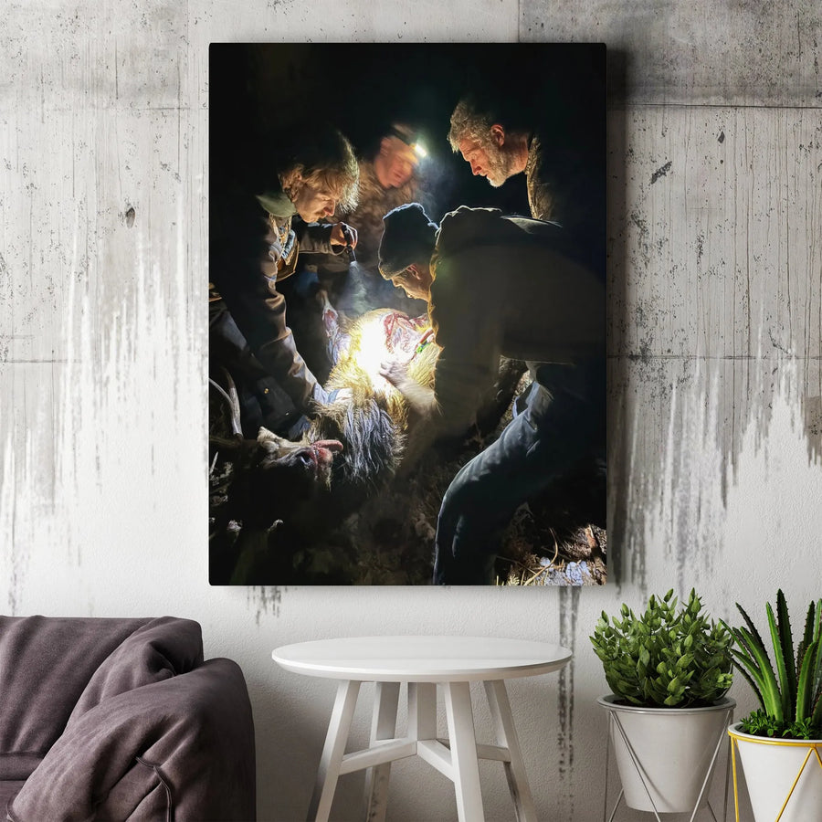 Deer Hunting Canvas Wall Art | Realistic Night Hunt Field Dressing Scene | Premium Gallery Quality Canvas | Collector's Gift for Hunter, Cabin Decor