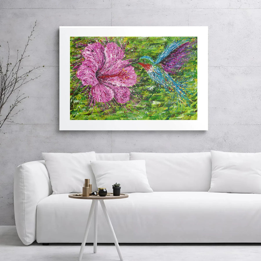 Hummingbird and Hibiscus Canvas Wall Art | Colorful Abstract Nature Painting | Premium 1.25" Gallery Wrap | Tropical Home Decor Gift