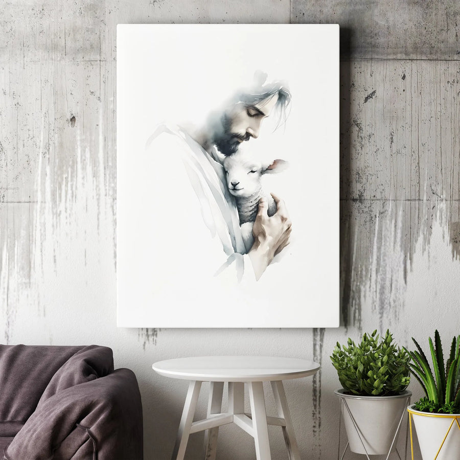 Jesus The Good Shepherd Canvas | Watercolor Lamb Art Print | 1.25-inch Gallery Wrapped Premium Decor | Religious Christian Gift for Home