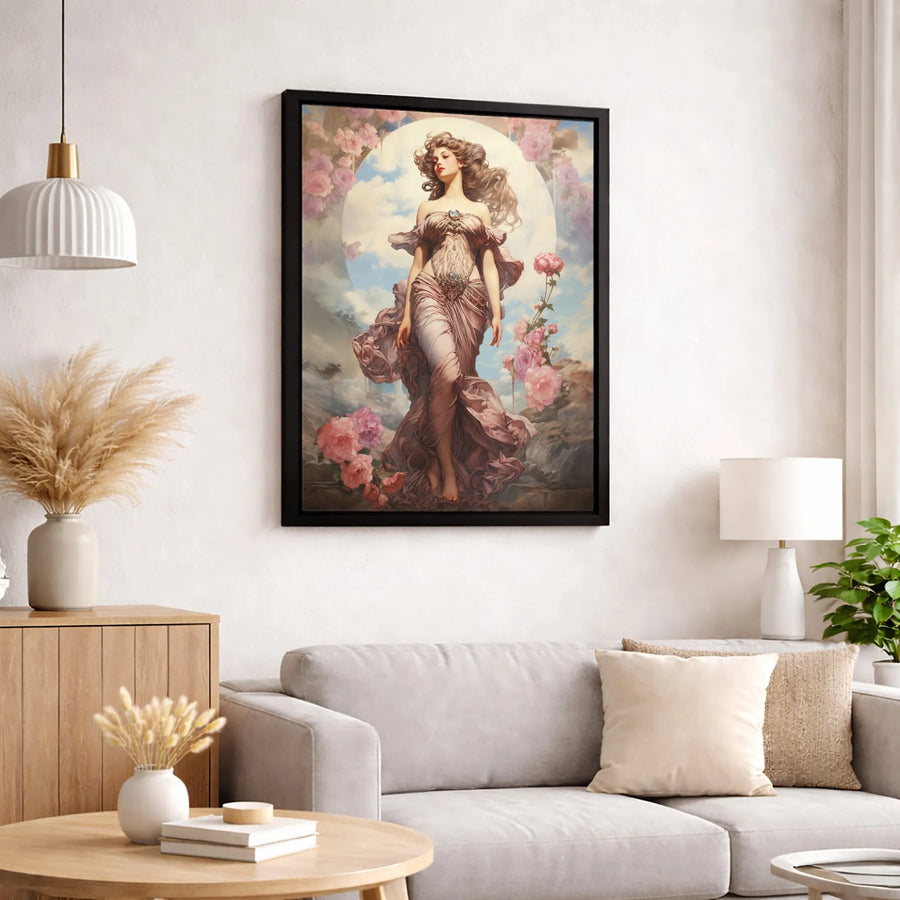 Art Nouveau Goddess Canvas Print | Flowing Gown Pink Rose Fantasy Art | Premium Fade-Resistant Gallery Wrap | Elegant Home Decor Wall Art Gift