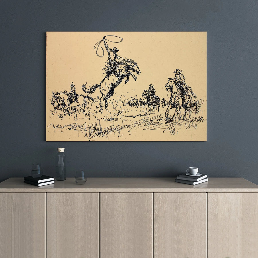 Western Cowboy Canvas Art | Bucking Bronco Sketch Print | 1.25 Inch Gallery Wrap | Rustic Home Decor Gift for Horse Lovers