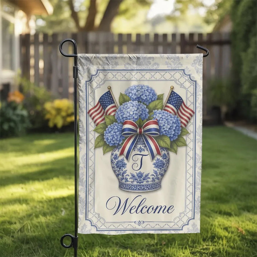 Patriotic Welcome Garden Flag | Double-Sided American Flag & Hydrangea Design | Weather-Resistant Polyester | Seasonal Outdoor Yard Decor Gift
