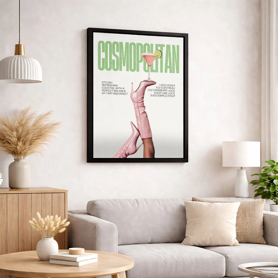 Cosmopolitan Cocktail Poster | Pink Stiletto Boots Recipe Art | Gallery-Quality Canvas Print | Chic Bar Cart Kitchen Wall Decor Gift
