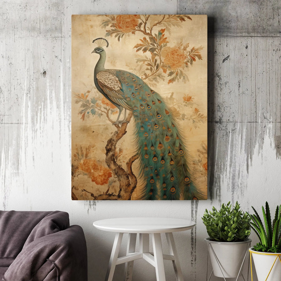 Vintage Peacock Canvas Wall Art | Chinoiserie Botanical Illustration | Premium Gallery Wrapped Canvas | Collector's Living Room Decor Gift