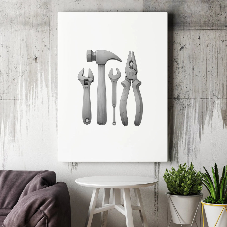 Hand Tools Wall Art Canvas | Grayscale Workshop Equipment Illustration | Premium Gallery Wrap Print | Man Cave Decor Gift For Him